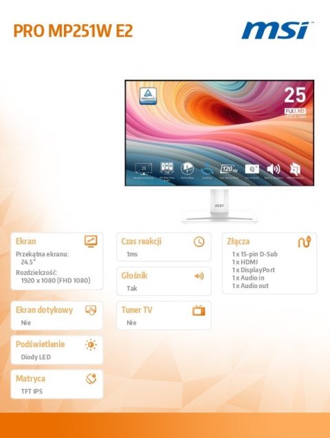 MSI Monitor PRO MP251W E2 24.5 cala/LED/FHD/Flat/120Hz/Biały