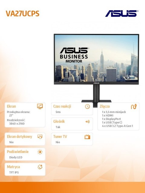Asus Monitor 27 cali VA27UCPS 4K UHD USB-C65 HDR10