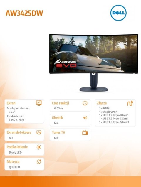 Dell Monitor AW3425DW 34.2 Curved AMD FreeSync QD-OLED 240Hz WQHD (3440x1440)/21:9/1xDP/2xHDMI/1xUSB 3.2/1xUSB-C/3Y AES&PPE