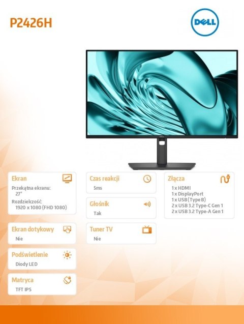 Dell Monitor P2426H 23.8 cala IPS FHD (1920x1080)/16:9/HDMI/DP/3xUSB/2xUSB-C/3Y