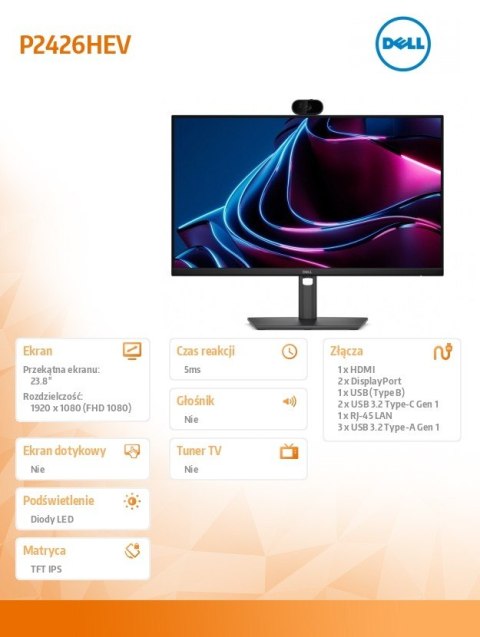 Dell Monitor P2426HEV 23.8 cala IPS FHD(1920x1080)/16:9/HDMI/2xDP/2xUSB-C/RJ45/4xUSB/Camera/3Y