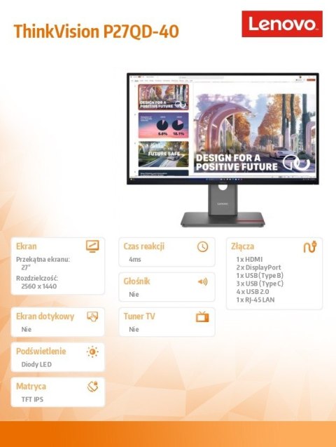 Lenovo Monitor ThinkVision P27QD-40 27 cali 64B3ZAT2EU