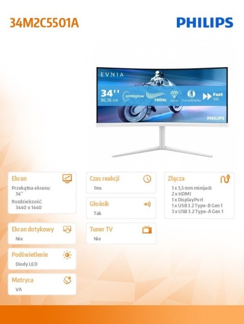 Philips Monitor 34 cale 34M2C5501A Curved VA 180Hz HDMIx2 DP HAS Ambiglow