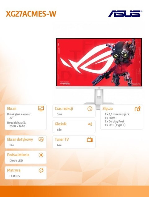 Asus Monitor 27 cali XG27ACMES-W ROG IPS QHD HDMI USB DP