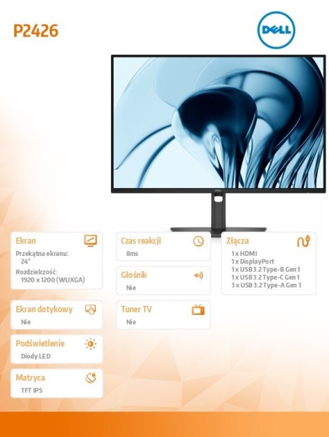 Dell Monitor P2426 24 cale IPS WUXGA (1920x1200)/16:10/HDMI/DP/4xUSB/USB-C/3Y