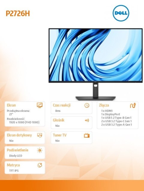 Dell Monitor P2726H 27 cali IPS FHD (1920x1080)/16:9/HDMI/DP/3xUSB/2xUSB-C/3Y