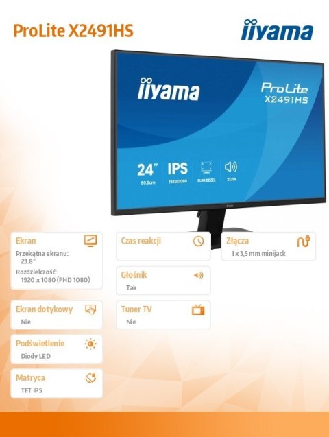 IIYAMA Monitor 23.8 cala X2491HS-B1 IPS,HDMI,DP,1ms,350cd, 1500:1,120Hz,2x2W
