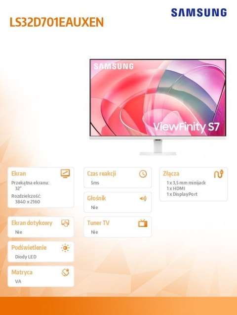 Samsung Monitor 32 cali ViewFinity S70D VA 3840x2160 UHD 16:9 1xHDMI 1xDP 5ms PinP/PbyP 60Hz płaski biały 2Yd2d (LS32D701EAUXEN)