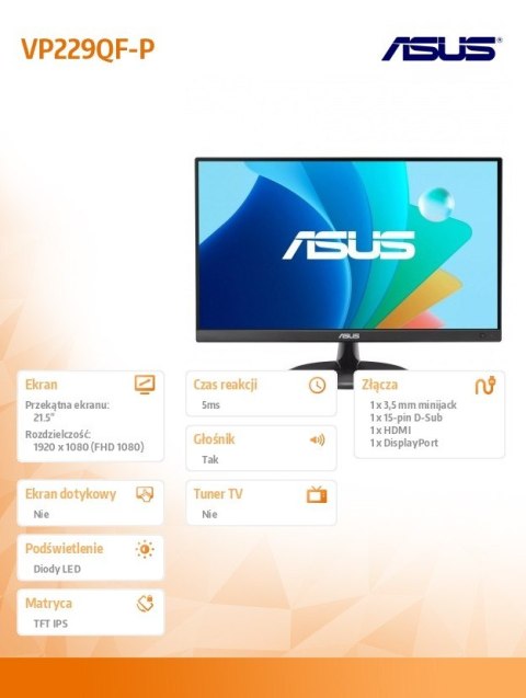 Asus Monitor 21.5 cala VP229QF-P IPS FHD DP HDMI 100Hz