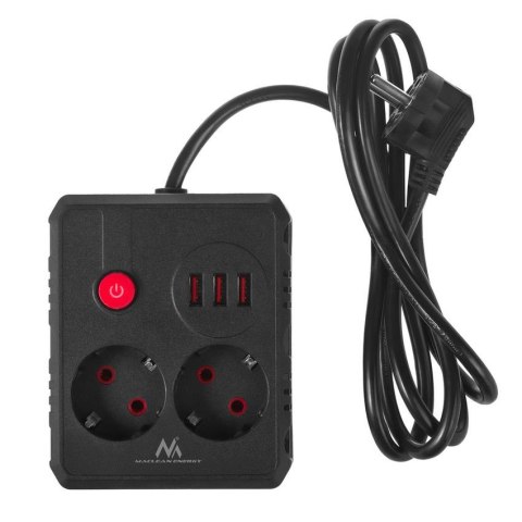 Maclean Listwa zasilająca Maclean MCE387 B, przedłużacz 2 gniazda + 3xUSB, 110-240V AC 50/60Hz, 2.1A max 2500W, 1.5m, czarna
