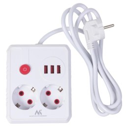 Maclean Listwa zasilająca Maclean MCE387 W, przedłużacz 2 gniazda + 3xUSB, 110-240V AC 50/60Hz, 2.1A max 2500W, 1.5m, biała