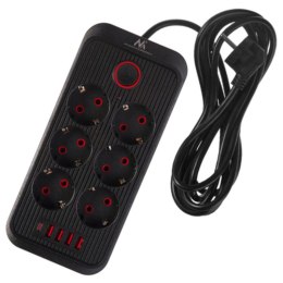 Maclean Listwa zasilająca Maclean MCE391 B, przedłużacz 6 gniazd + 4xUSB + USB-C, 110-240V AC 50/60Hz, 2.1A max 2500W, 3m, czarna