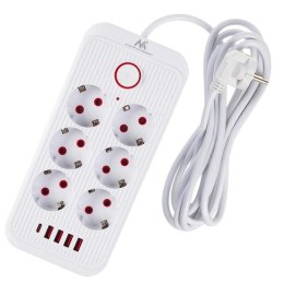 Maclean Listwa zasilająca Maclean MCE391 W, przedłużacz 6 gniazd + 4xUSB + USB-C, 110-240V AC 50/60Hz, 2.1A max 2500W, 3m, biała