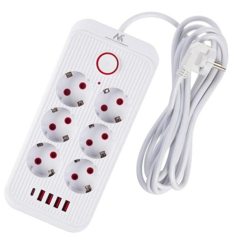 Maclean Listwa zasilająca Maclean MCE391 W, przedłużacz 6 gniazd + 4xUSB + USB-C, 110-240V AC 50/60Hz, 2.1A max 2500W, 3m, biała