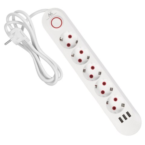 Maclean Listwa zasilająca Maclean MCE395 W, przedłużacz 5 gniazd + 3xUSB, 110-240V AC 50/60Hz, 2.1A max 2500W, 1,5m, biała