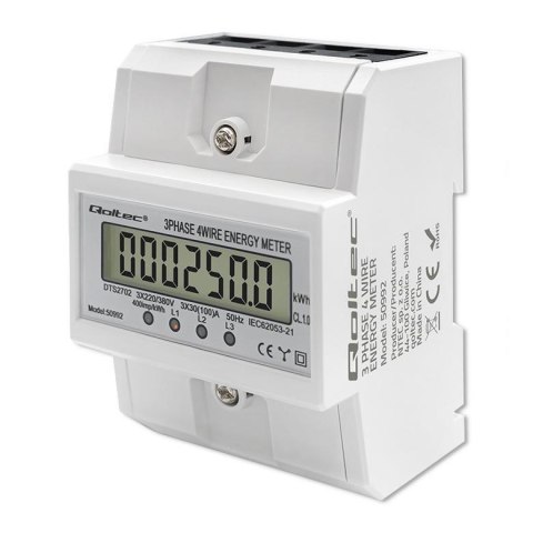 Qoltec Miernik zużycia enrgii Qoltec na szynę DIN | Trójfazowy elektroniczny licznik | 400V | 100A | LCD | 4P