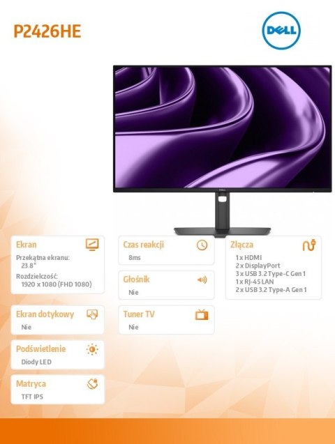 Dell Monitor P2426HE 24 cale IPS FHD (1920x1080)/16:9/HDMI/2xDP/2xUSB/3xUSB-C/RJ45/3Y