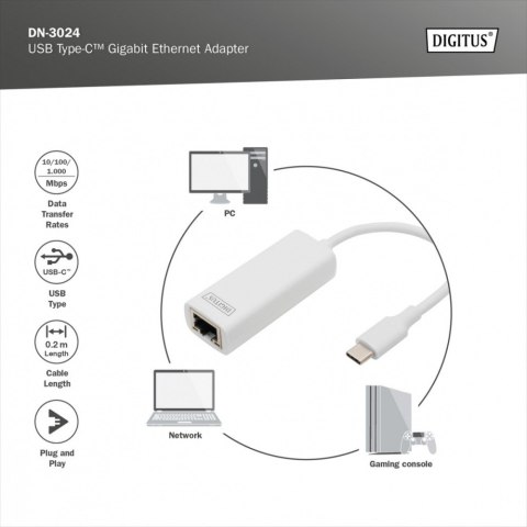 Digitus Karta sieciowa przewodowa USB 3.0 Typ C do Gigabit Ethernet 10/100/1000Mbps