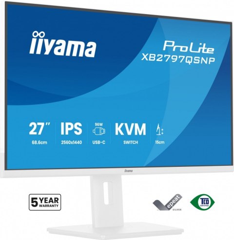 IIYAMA Monitor 27 cali XB2797QSNP-W1 IPS,QHD,USB-c Dock 96W,HDMI, 350cd,1ms, DP, DisplayPort x1 (Daisy Chain MST max. 2560 x1440), USB