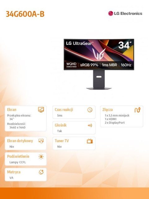 LG Electronics Monitor gamingowy 34G600A-B 34 cale WQHD UltraGear 160Hz