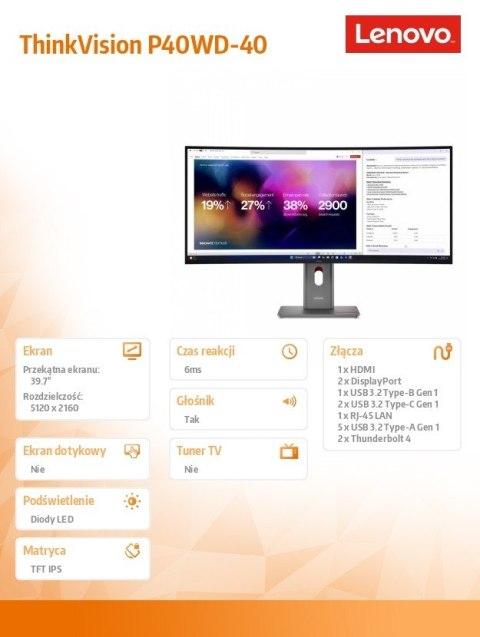 Lenovo Monitor 39.7 cala ThinkVision P40WD-40 64B4YAT1EU