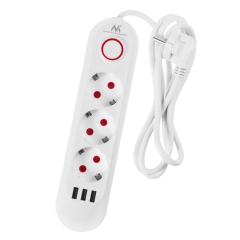 Maclean Listwa zasilająca Maclean MCE394 W, przedłużacz 3gniazda + 3xUSB, 110-240V AC 50/60Hz, 2.1A max 2500W, 1,5m, biała