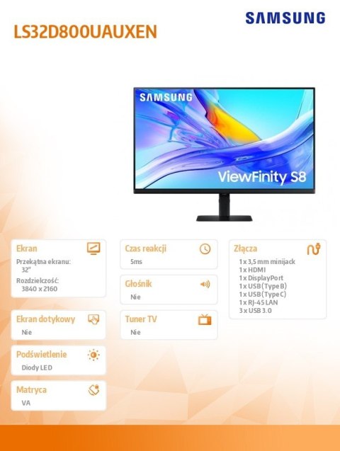 Samsung Monitor 32 cali ViewFinity S80UD VA 3840x2160 UHD 16:9 1xHDMI 1xDP 1xUSB-C 90W 3xUSB-A 5ms PinP/PbyP 60Hz HAS+PIV płaski 3YOn-S