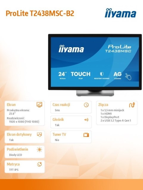 IIYAMA Monitor 24 cale T2438MSC-B2 IPS,FHD,DP,HDMI,2x2W,2xUSB,600(cd/m2), 10pkt.7H,IP1X(FRONT),PION/POZIOM