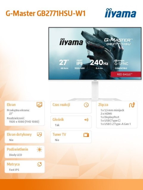 IIYAMA Monitor 27 cali GB2771HSU-W1 0.4ms,Fast IPS, HAS (150) PIVOT, 1xUSB 3.2, 1xUSB C, 240Hz, DP, 2xHDMI,Adaptive G-SYNC - 192