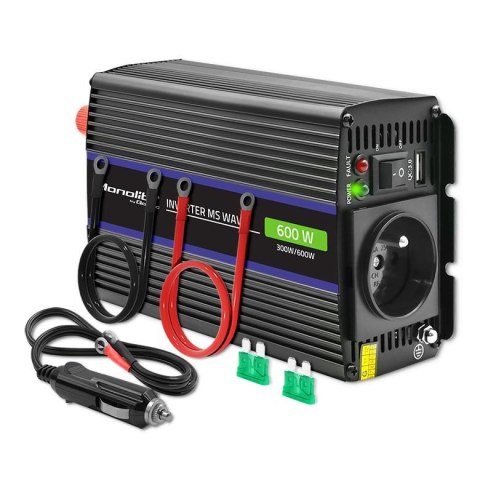Qoltec Przetwornica napięcia Qoltec Monolith 600 MS Wave | 12V na 230V | 300/600W | USB