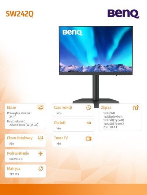 Benq Monitor 23.8 cala SW242Q 2K RGB 5ms/400:1/FOTO/HDMI