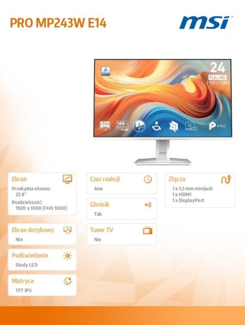 MSI Monitor PRO MP243W E14 23.8 cala LED/FHD/FLAT/144Hz/biały