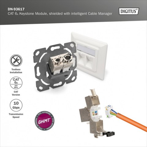 Digitus Moduł (gniazdo) Keystone RJ45 (8P8C) kat.6A, STP, ekranowany, stalowy, opaska czarna, beznarzędziowy
