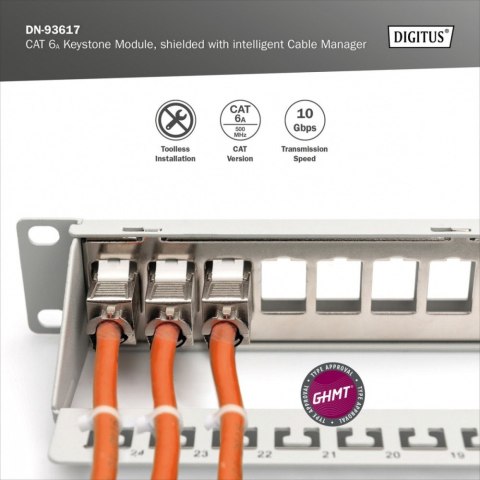 Digitus Moduł (gniazdo) Keystone RJ45 (8P8C) kat.6A, STP, ekranowany, stalowy, opaska czarna, beznarzędziowy