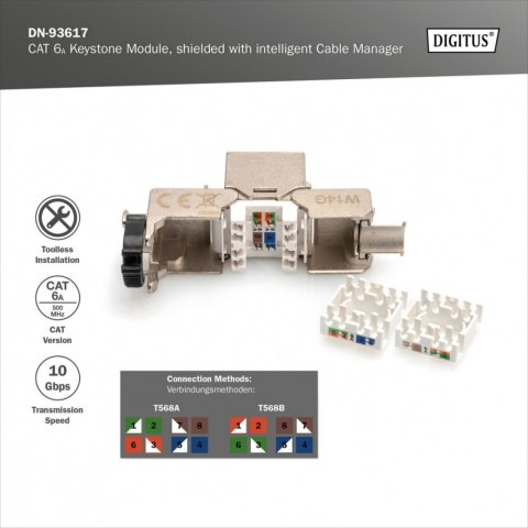 Digitus Moduł (gniazdo) Keystone RJ45 (8P8C) kat.6A, STP, ekranowany, stalowy, opaska czarna, beznarzędziowy