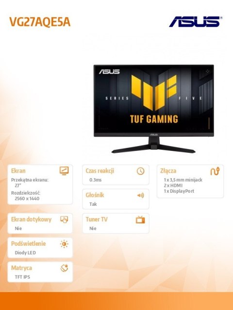 Asus Monitor 27 cali VG27AQE5A IPS QHD HDMI USB DP 165Hz