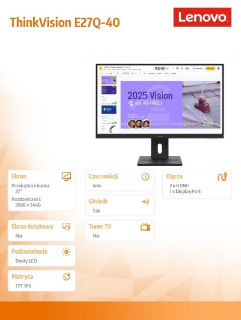 Lenovo Monitor ThinkVision E27Q-40 27 cali 64BDGAT4EU
