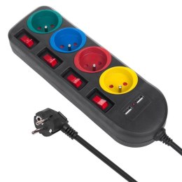 Maclean Listwa zasilająca Maclean MCE229 B, przedłużacz 4 gniazda + 2xUSB, z włącznikami, 250VAC/10A, 2.1A 5V, 1.5m, czarna