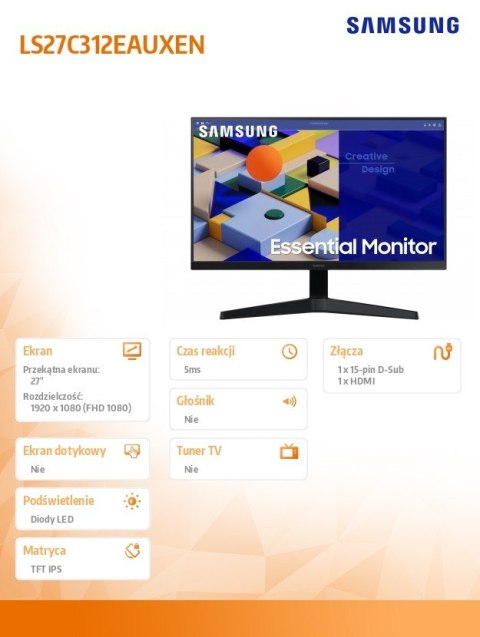 Samsung Monitor 27 cali LS27C312EAUXEN IPS 1920x1080 FHD 16:9 1xD-sub 1xHDMI 5 ms (GTG) płaski 2 lata d2d