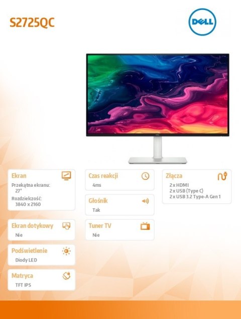 Dell Monitor S2725QC 27 cali AMD FreeSync IPS LED 4K (3840x2160)/2xHDMI/USB-C/2xUSB 3.2/Speakers/3Y