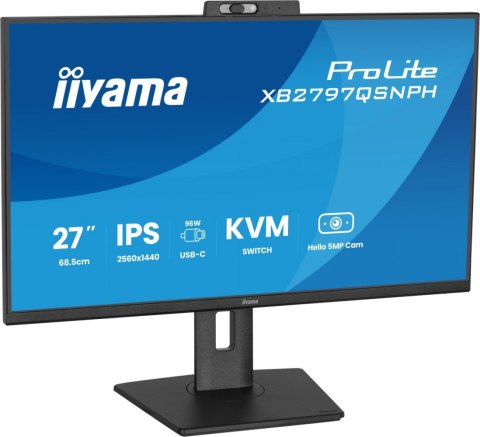 IIYAMA Monitor 27 cali Prolite XB2797QSNPH-B1,IPS,QHD,CAM,MIC,HDMI, DP, 4xUSB,75Hz, USB-C DOCK 96W, RJ45,KVM, 2x2W, 5MP WINDOWS HELLO,