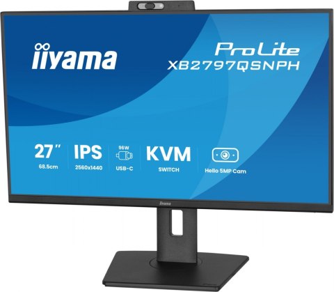 IIYAMA Monitor 27 cali Prolite XB2797QSNPH-B1,IPS,QHD,CAM,MIC,HDMI, DP, 4xUSB,75Hz, USB-C DOCK 96W, RJ45,KVM, 2x2W, 5MP WINDOWS HELLO,