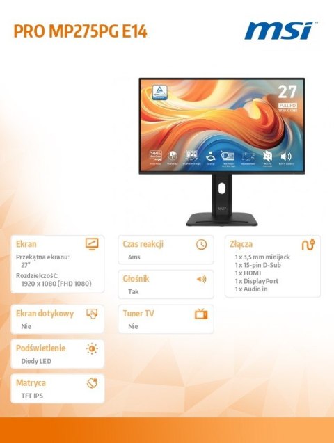 MSI Monitor PRO MP275PG E14 27 cali/LED/FHD/FLAT/144Hz/Czarny