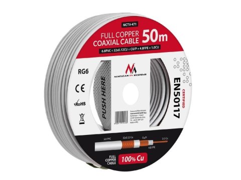 Maclean Kabel koncentryczny Maclean MCTV-471 satelitarny, antenowy RG6 50M 1.02CU+4.8FPE+CU/P+32*0.12CU+6.8PVC