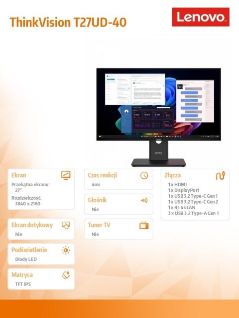 Lenovo Monitor 27 cali ThinkVision T27UD-40 64AFGAT2EU