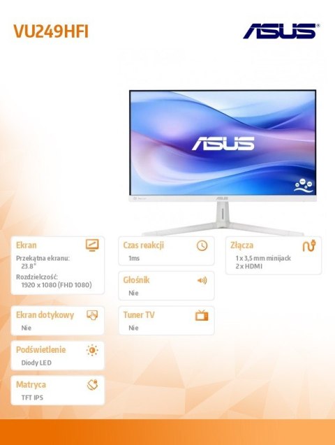 Asus Monitor 24 cale VU249HFI-W IPS 100Hz HDMIx2 biały